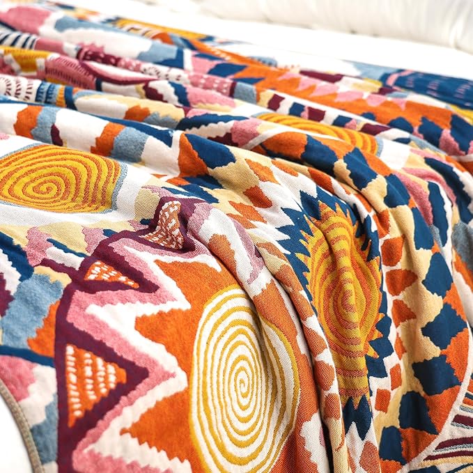 VANJOROY Boho Throw Blanket, 100% Organic Muslin Cotton Skin-Friendly Breathable Ultra Soft Bed Quilt Throw - All Season Decor Colorful Blanket for Sofa Couch Chair and Gift. 91" x 108"