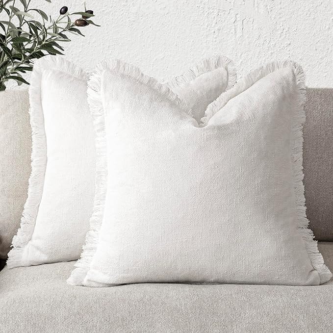 Foindtower Set of 2 Decorative Linen Fringe Throw Pillow Covers Cozy Boho Farmhouse Cushion Cover with Tassels Soft Accent Pillowcase for Couch Sofa Bed Living Room Home Decor,26×26 Inch,White