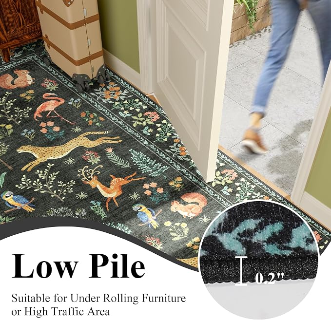 DUKINO 2x14 Runner Rug for Hallway, Soft Animal Washable Runner Rug, Black | Non Slip, Low Pile, Stain Resistant Indoor Long Carpet Runner for Kitchen, Entryway, Bedroom, Bathroom, Laundry, Pet Friendly