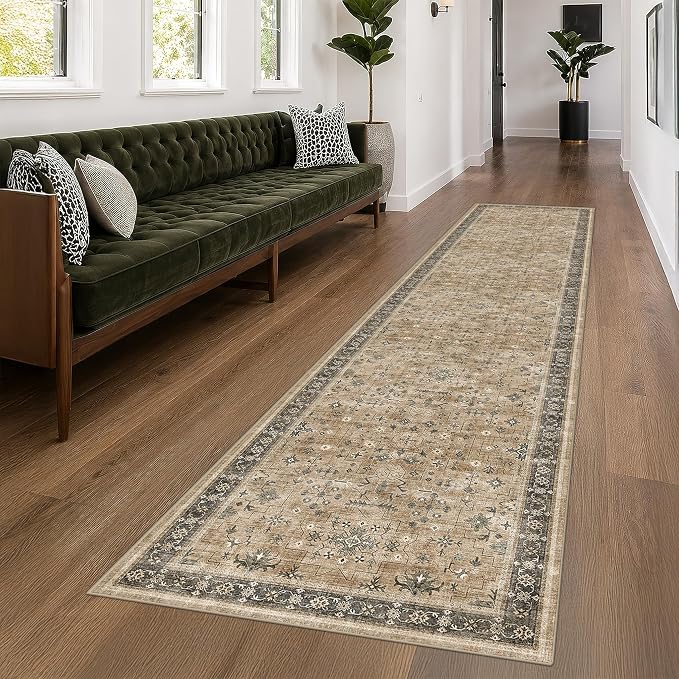 Boho Washable 10ft Long Runners for Hallways, Earthy Sage Taupe 2'6"x10' Wide Kitchen Runner Rug, Vintage Entryway Indoor Rug, Non-Slip Stain Resistant Low Pile Throw Rug
