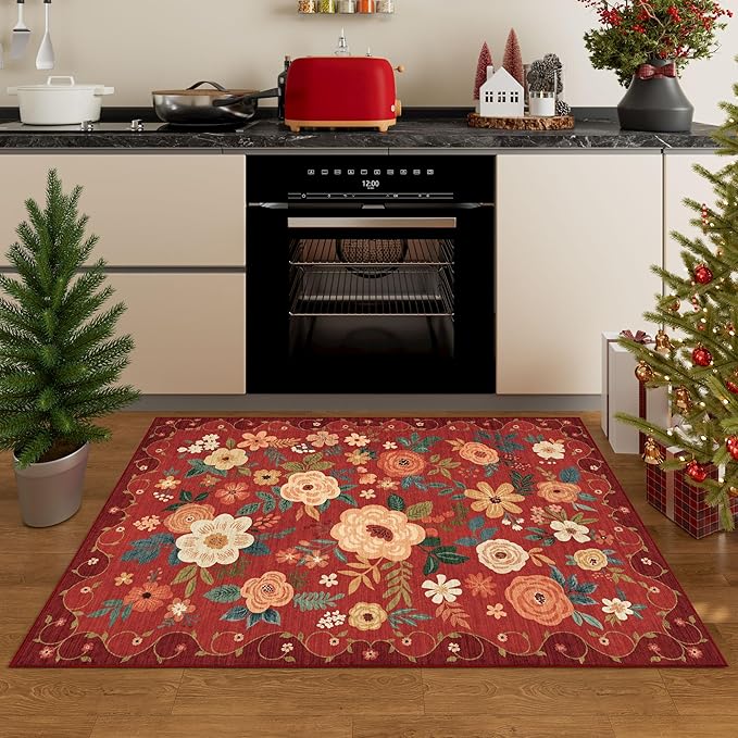 DUKINO 2x3 Entryway Rug, Floral Door Mat Soft Washable Rug Non Slip, Red | Low Pile, Non-Shedding Small Rug for Kitchen, Entrance, Bedroom, Bathroom, Pet Friendly, Stain Resistant, Modern Home Decor