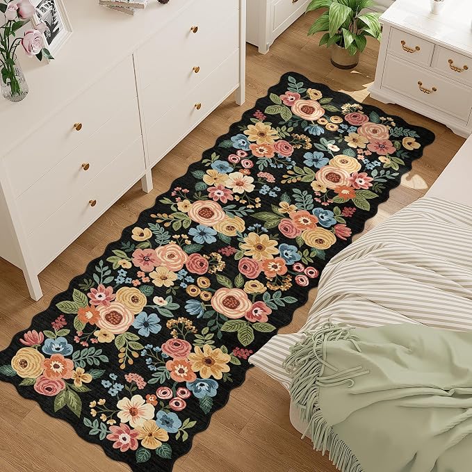 DUKINO 2x10 Runner Rug for Hallway, Washable Kitchen Rug Non Slip, Black | Soft, Low Pile, Floral Throw Rug Runner for Entryway, Bedroom, Bathroom, Laundry, Pet Friendly, Home Decor, Stain Resistant