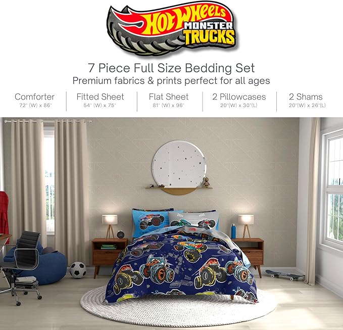 Monster Trucks x Hot Wheels Bedding Set, Full Size 7 Piece Set Kids Super Soft Cozy Reversible Comforter and Sheet Set with Sham, (100% Officially Licensed Product) by Franco