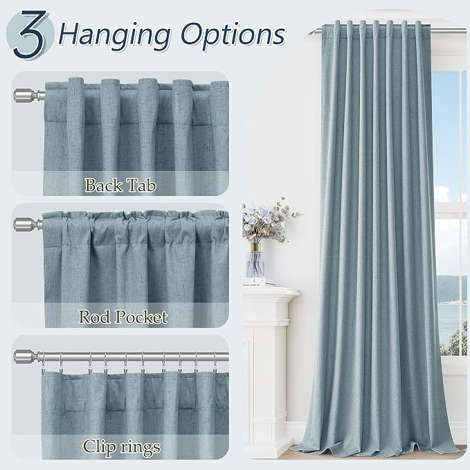 Guken Blue 100% Blackout Linen Curtains 102 Inch Length 2 Panels Set for Living Room Bedroom Back Tab Rod Pocket Thermal Insulated Black Out Drapes Room Darkening Window Curtains 52x102