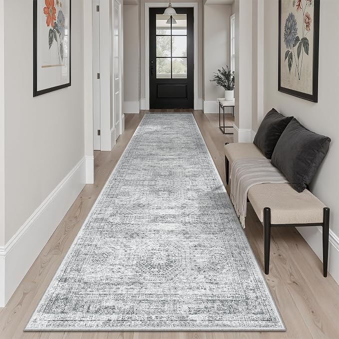Soalmost Hallway Runner Rug 2'6"x10' Non-Slip Runners for Kitchen Grey | Washable Vintage Long Rugs 2.5x10ft Bathroom, Thin Low Pile Foldable 10ft Floor Carpet Mat for Entryway Corridor Bedroom