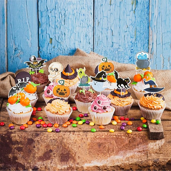 Gyufise 36Pcs Halloween Cupcake Toppers Halloween Pumpkin Cat Bat Ghost Cake Decorations for Theme Babyshower Kids Birthday Party Supplies