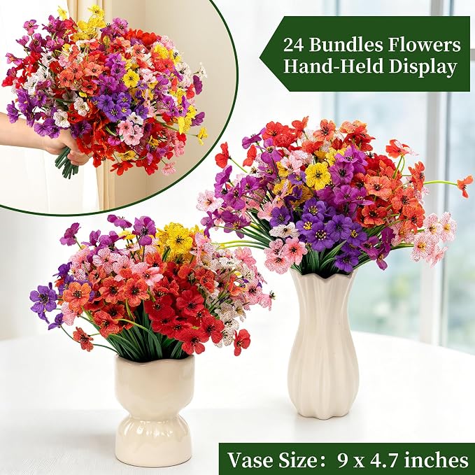 24 Bundles Artificial Flowers for Outdoors/Indoors, Fake Flowers Plants for Indoor Outside Garden Porch Window Box Home Wedding Farmhouse(8 Color) | Faux Flowers for Indoor Outside, artificial plants outdoor Garden Porch Window Box Home Wedding Farmhouse