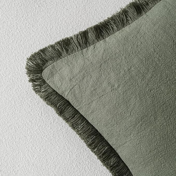 MIULEE Linen Fringe Decorative Throw Pillow Covers Light Olive Green 18x18 | Set of 2, Cottagecore Decor, Boho Farmhouse Neutral Pillow Covers, Rustic Couch Cushion Cases for Sofa Bed Living Room