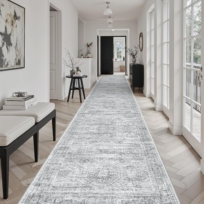 Soalmost Washable Hallway Runner Rug 3x18 Kitchen Entry Rugs Non-Slip, Grey | Vintage Extra Long Runners 18ft for Bathroom Entryway, Foldable Low-Pile Wide Floor Carpet for Corridor Living Room Bedroom