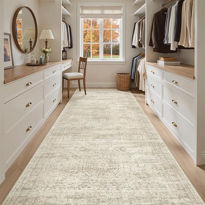 Soalmost Washable 4x10 Hallway Runner Rug Non-Slip Kitchen Entry Rugs Beige | Vintage Wide Runners for Living Dining Room Entryway, Stain Resistant Low-Pile Long Floor Carpet 10ft for Corridor Bedroom