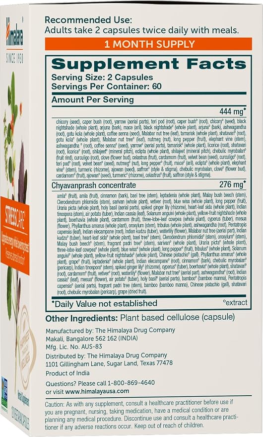 Himalaya StressCare, 30 Day Supply - Herbal Adrenal Support for Calming Relaxation, Stress Relief, Energy Support and Occasional Sleeplessness - Vegan, Non-GMO, Gluten Free, 120 Capsules