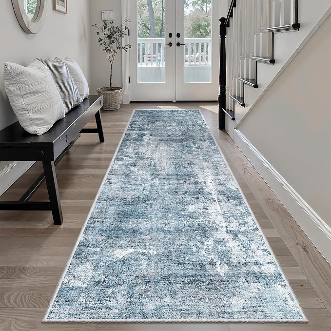 Soalmost Runner Rug 2'6"x8' Kitchen Hallway Runners Abstract Blue/Grey | Washable Non-Slip 2.5x8ft Carpet Entryway Bathroom, Low Pile Vintage Foldable Floor Mat for Corridor Laundry Room Bedroom
