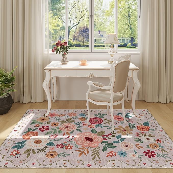 DUKINO 3x5 Area Rug, Floral Washable Rug for Bedroom Non Slip, Beige | Soft, Stain Resistant Low Pile Indoor Rug for Entryway, Bedroom, Bathroom, Living Room, Pet Friendly, Home Decor, Lightweight