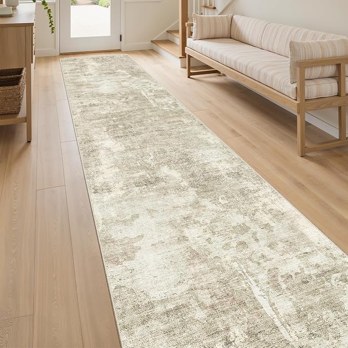 Soalmost Abstract Runner Rug 2x10 Hallway Kitchen Runners Beige/Gray | Vintage Washable Rugs for Bathroom Laundry Room, Low Pile Stain Resistant Floor Carpet Mat Entryway Corridor Bedroom