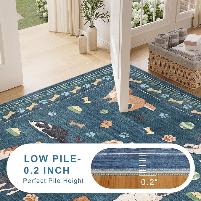 DUKINO 8x10 Area Rug, Washable Dog Rugs for Living Room Soft, Blue | Non Slip, Low Pile, Non-Shedding, Stain Resistant Animal Carpet for Bedroom Dining Room Nursery Farmhouse, Pet & Kid Friendly