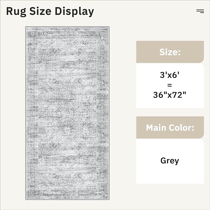Soalmost Washable Kitchen Runner Rug 3x6 Hallway Entry Rugs Non-Slip, Grey | Vintage Runners 6ft for Bathroom Laundry Room, Foldable Low-Pile Floor Carpet Mat for Entryway Corridor Bedroom