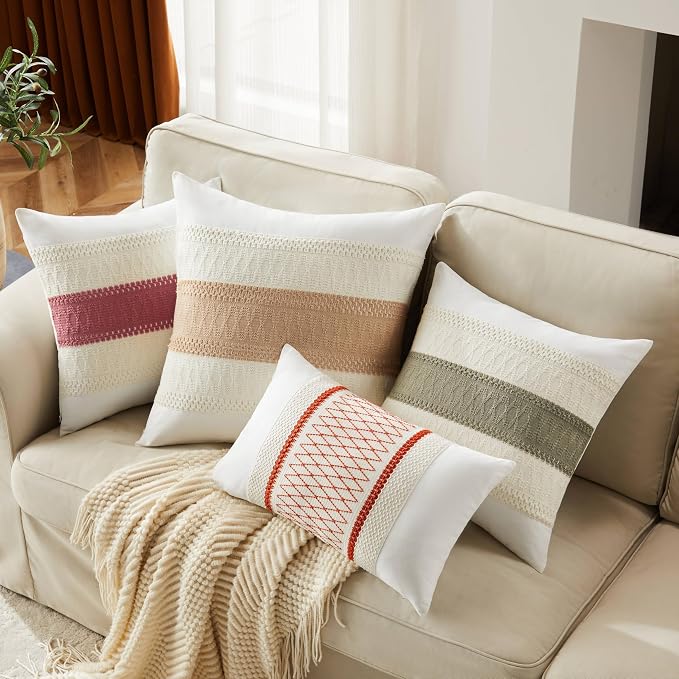 2pk Boho Pillow Covers 22x22, Natural White/Contrast/Beige | 100% Organic Cotton Body, Stripe Embroidery, Farmhouse Decorative Cushion Covers for Sofa Bed Living Room Home Decor