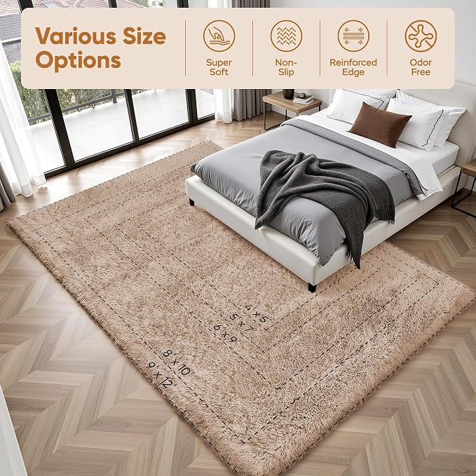 Area Rug for Living Room Bedroom: 6x9 Camel Soft Fluffy Shag Upgrade Non-Slip High Pile Carpet Large Fuzzy Plush Indoor Floor Decor Shaggy Rug for Kid Boys Girls Dorms Playroom Nursery Modern Home