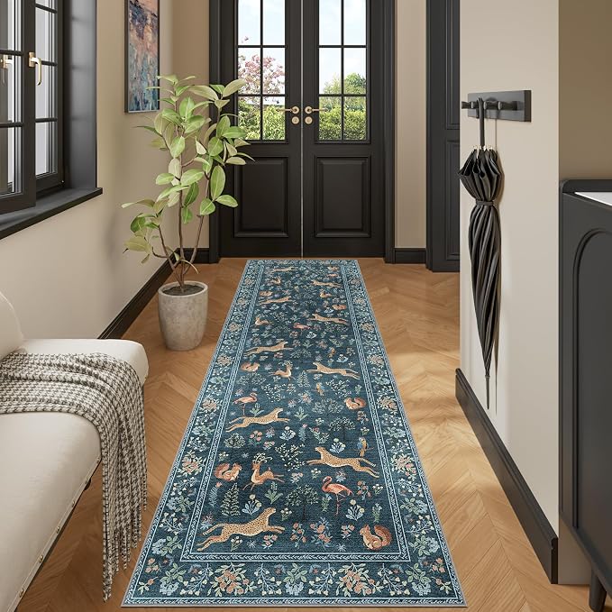 DUKINO 2x6 Runner Rug, Washable Animal Kitchen Rugs Non Slip, Blue | Soft, Low Pile, Stain Resistant Indoor Carpet for Hallway, Entryway, Bedroom, Bathroom, Laundry,Pet Friendly, Lightweight