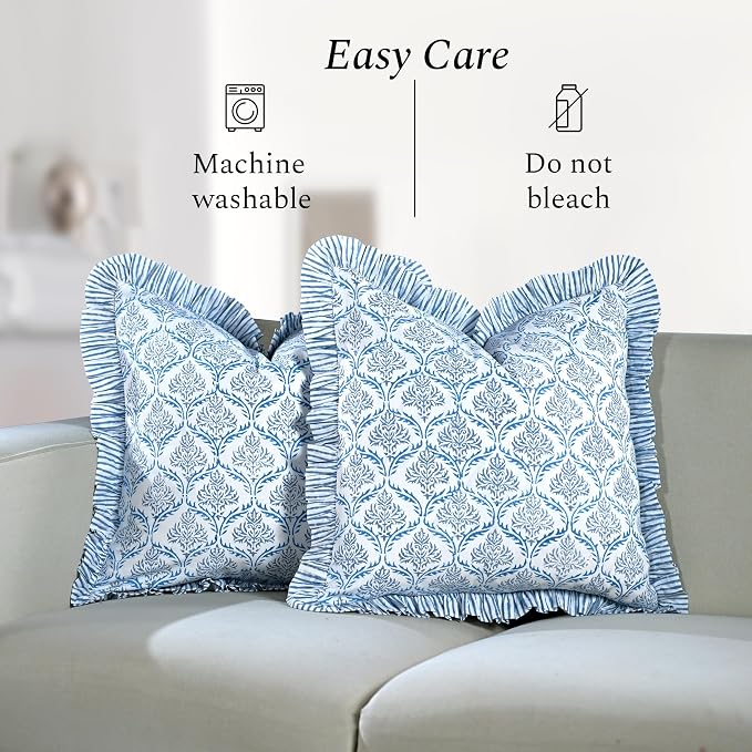 CPC Indigo Regal Hand Block Print 100% Cotton Ruffle Throw Pillow Cover 20x20 inch with Hidden Zipper Decorative for Couch, Bed, Sofa, Farmhouse, Cottagecore Decor Gift Christmas Fall Thanksgiving