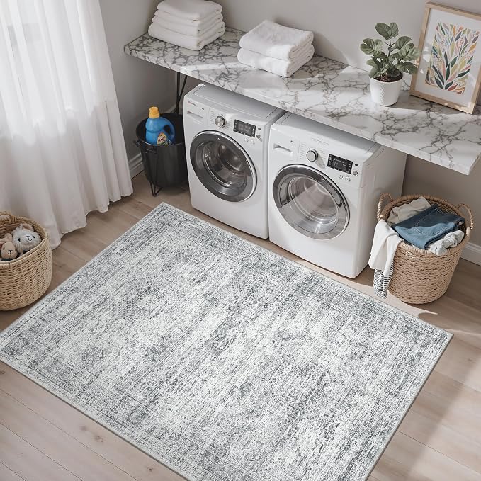 Soalmost 3x5 Rugs Non-Slip, Small Washable Kitchen Entryway Area Rug Grey | Vintage Low Pile Carpet for Nursery Coffee Table Bathroom, Foldable Stain Resistant Indoor Door Mat Entrance Powder Room