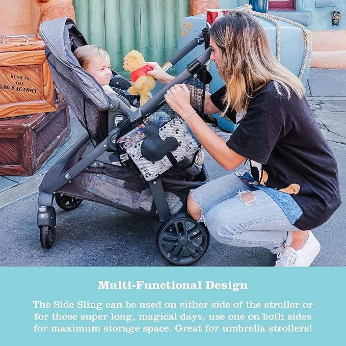 J.L. Childress Disney Baby Side Sling Stroller Cargo Net - Stroller Organizer Attachment for Storage, Mesh Bag for Baby Accessories, Universal Fit - Mickey, Black