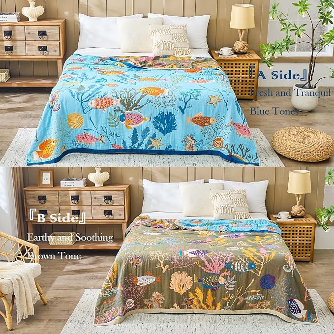 XIBLC Boho Throw Blanket 100% Cotton Vintage Blanket Muslin Woven Flower Decorative Throw Blankets All Season Bohemian Rustic Farmhouse Decor Quilt for Bed (Blue 90"x98")