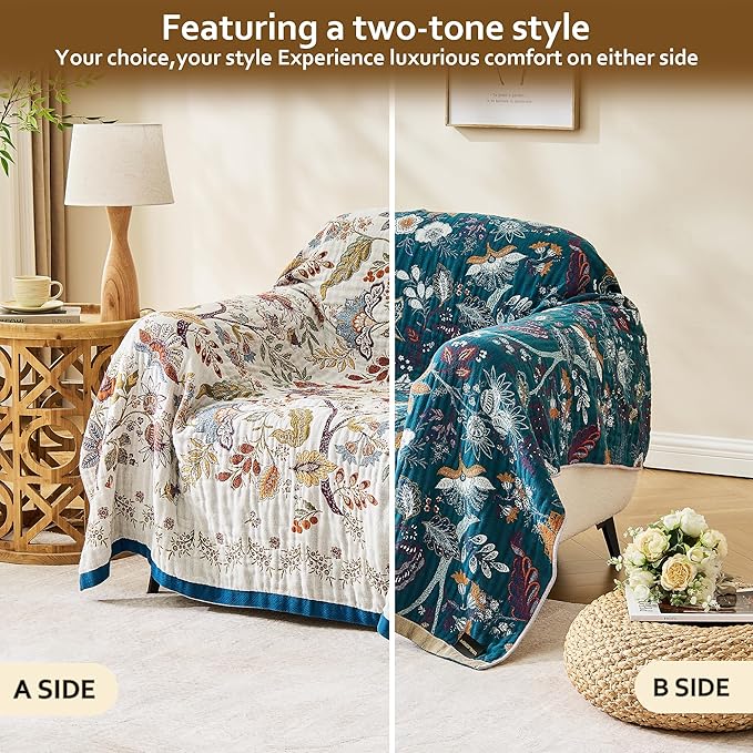 VANJOROY Boho Throw Blanket, 100% Organic Cotton Breathable Skin-Friendly Ultra Soft Bed Quilt Throw - All Season Floral Farmhouse Décor Luxury Blanket for Sofa Couch Chair and Gift. 60" x 80"
