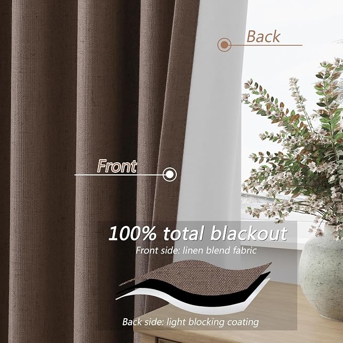 Guken Mocha Mousse 100% Blackout Linen Curtains 90 Inch Length 2 Panels Set for Living Room Bedroom Back Tab/Rod Pocket Thermal Insulated Farmhouse Black Out Drapes Room Darkening,52x90