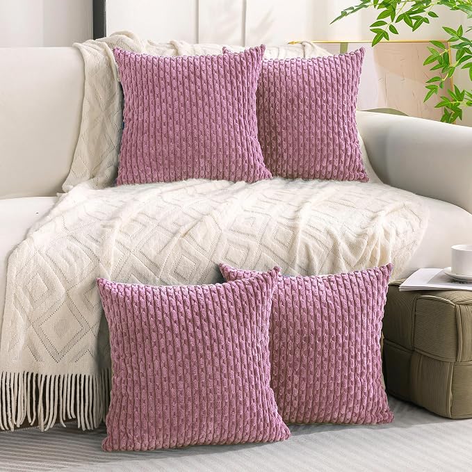 Set of 4 Pink Decorative Throw Pillow Covers 24x24 Inch Corduroy Pillow Covers for Bed Couch Sofa Living Room Soft Square Cushion Cases