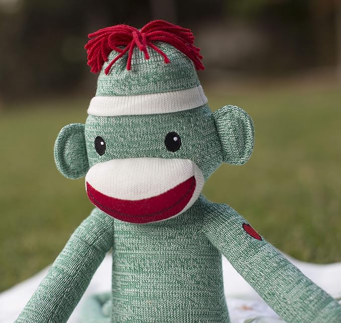 Plushland Adorable Green Sock Monkey, The Original Traditional Hand Knitted Stuffed Animal Toy Gift-for Kids, Babies, Teens, Girls & Boys Baby Doll Present Puppet 20"