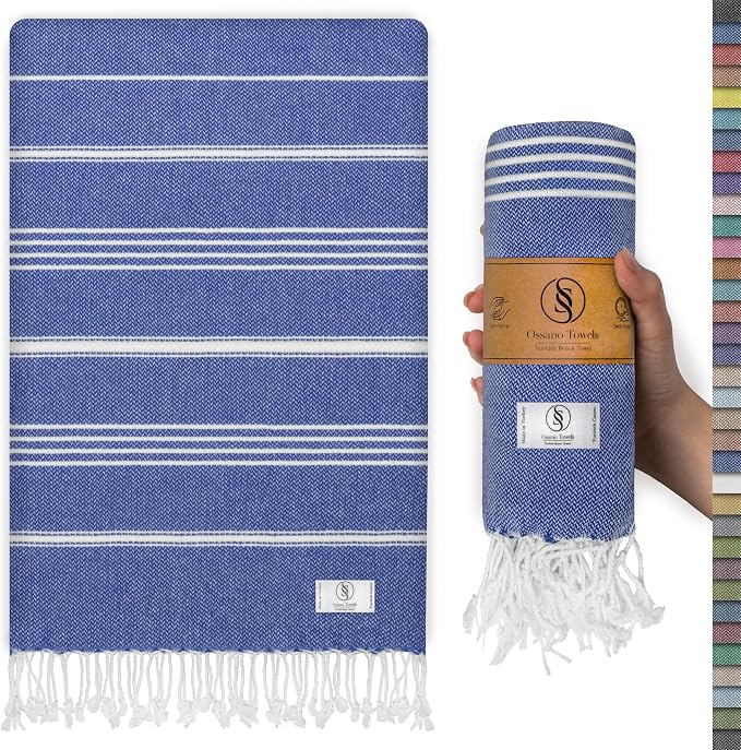 Ossano Turkish Beach Towel Compact & Luxury Extra Large (39" x 71") - Quick Dry, Versatile and Functional as Yoga Mat, Airplane and Travel Blanket, Bath and Body Towels - Sax Blue