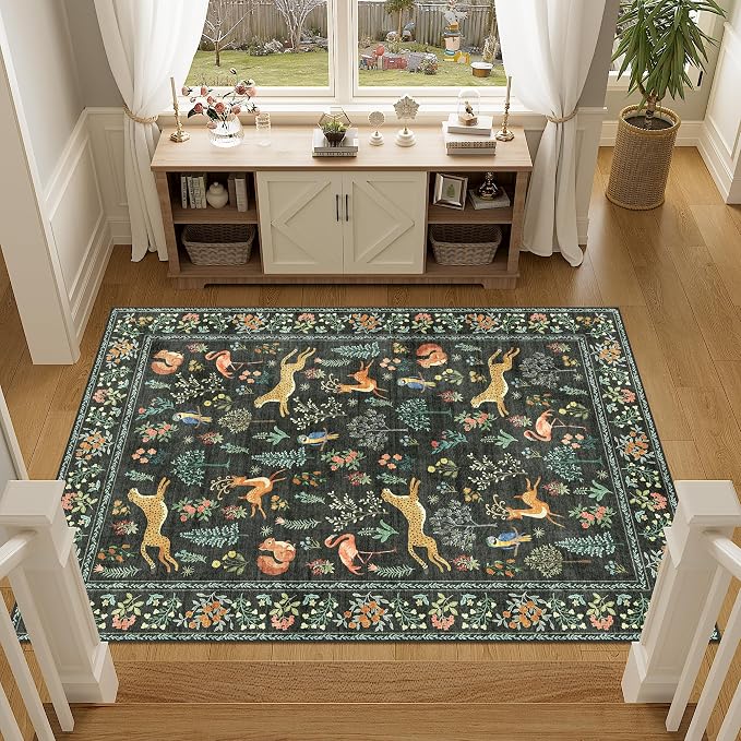 DUKINO 3x5 Rug, Washable Animal Area Rug for Bedroom Non Slip, Black | Low Pile, Stain Resistant, Soft Indoor Carpet for Living Room, Kitchen, Dining Room, Nursery, Lightweight, Pet Friendly