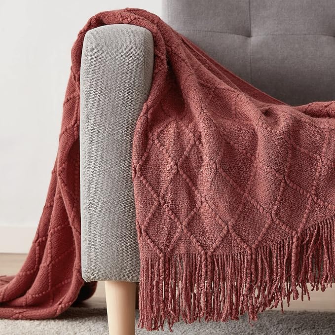 BOURINA Burgundy Throw Blanket 50x60 Inch Knitted Soft Throw Sofa Blanket | Knitted Throw Blanket 50x60 Inches, Soft Lightweight Boho Weave Throw Decorative Couch Blanket for Living Room Bedroom Chair