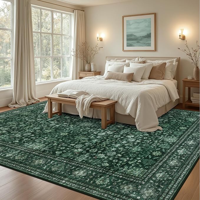 Area Rugs 10x14 Living Room Rug: Washable Rug Soft Vintage Distressed Floral Carpet Indoor Non-Slip Stain Resistant Large Carpets for Bedroom Dining Room Farmhouse Nursery Home Office Deep Green