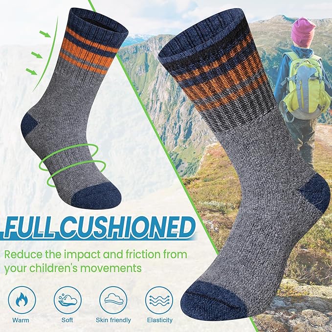 WEVIAS Kids Merino Wool Hiking Socks Boys Thermal Winter Cozy Boot Warm Cushion Socks 6 Pairs