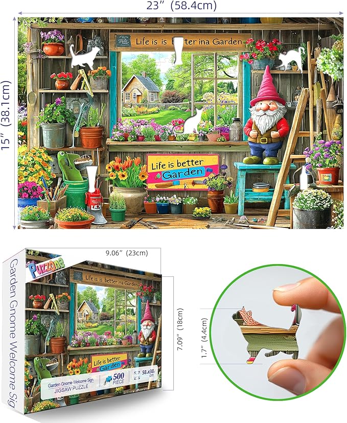 Garden Shed Scene 500 Piece Puzzle for Adults Gardening Tools Whimsical Garden Gnome Vibrant Flowers Decor Jigsaw Puzzle Fun Family Puzzles Gift for Adults Seniors（ 23"x15"）