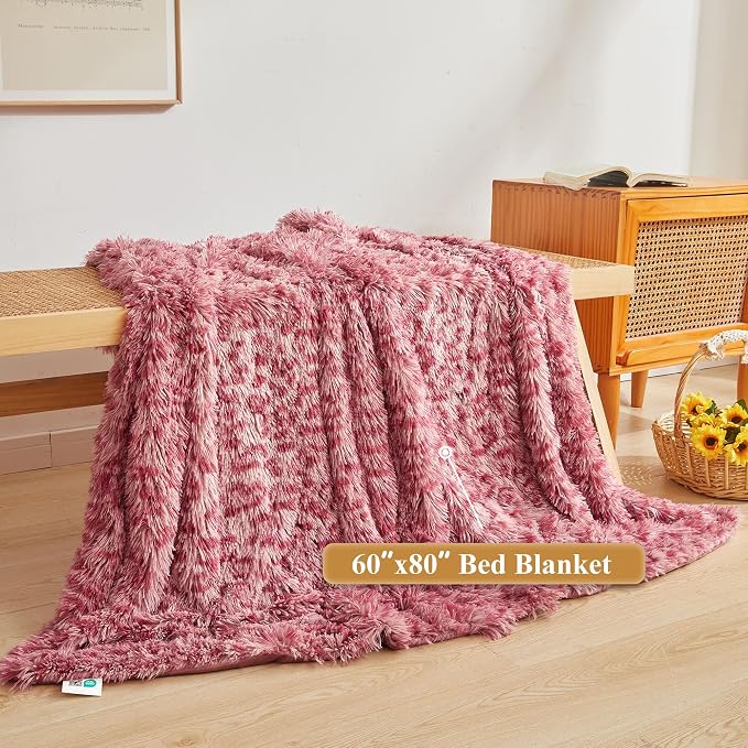 XeGe Luxury Faux Fur Leopard Print Throw Blanket, Soft Cheetah Print Fluffy Bed Blanket, Shaggy Plush Decorative Couch Blanket, Cute Furry Animal Print Fuzzy Blanket for Sofa Bed Couch, Pink, 60x80