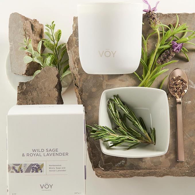 VOY Scented Candle, Herbaceous Minty Wild Sage & Royal Lavender Scent, 55 Hour Burn Time, Blended Soy Candle, High-Fragrance Load, 8 oz Jar Candle, Aromatherapy Candle with Sustainable Gift Packaging