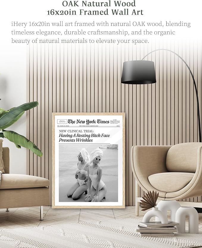iHery 16x20in Funny Beach Girls Framed Newspaper Wall Art | Natural OAK Wood Frame with Canvas Print, Retro Magazine Decor for Bathroom, Bedroom, Girl Dorm, Living Room 1Pack