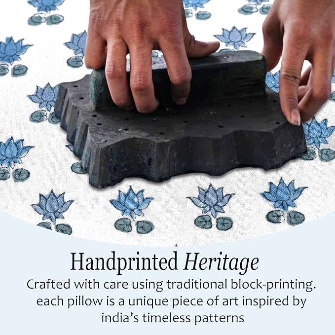 CPC Arctic Blue Hand Block Print 100% Cotton Ruffle Throw Pillow Cover 18x18 inch with Hidden Zipper Decorative for Couch, Bed, Sofa, Farmhouse, Cottagecore Decor Gift Christmas Fall Thanksgiving