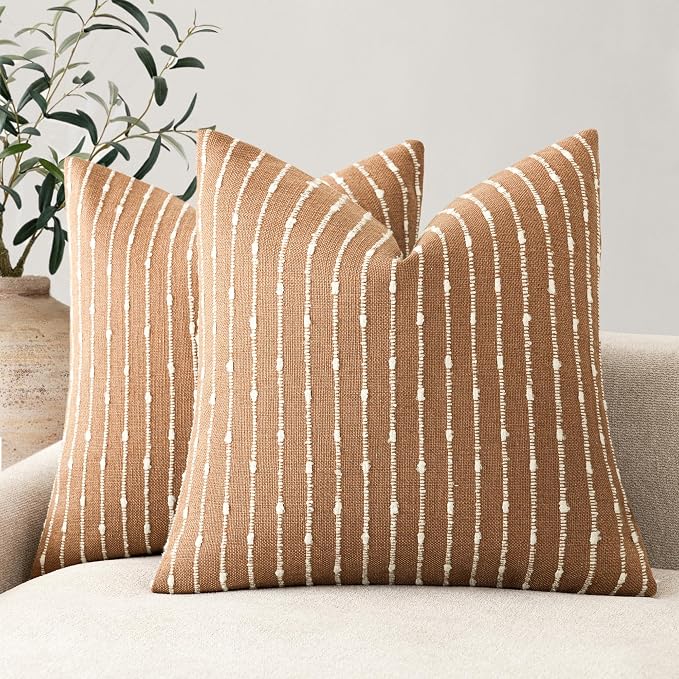 Foindtower Pack of 2 Decorative Jacquard Boucle Throw Pillow Covers Accent Textured Striped Pillowcases Soft Boho Modern Cushion for Couch Sofa Bedroom Living Room Home Decor 20x20 Inch Rust Tobacco