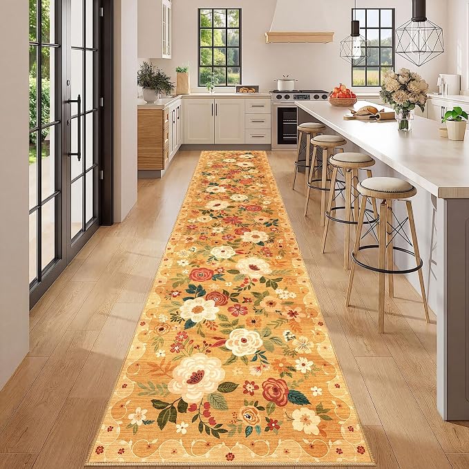 DUKINO 2.6x12 Kitchen Runner Rug, Floral Non Slip Long Washable Rug, Orange | Low Pile, Stain Resistant, Soft Indoor Rug Runner for Hallway, Entryway, Bedroom, Bathroom, Laundry, Pet Friendly, Home Decor
