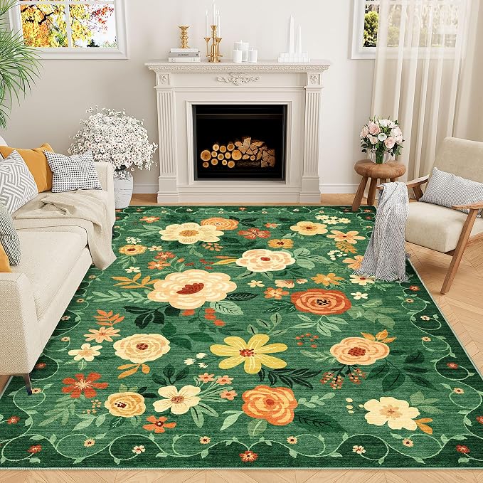 DUKINO 5x7 Area Rug Floral Washable Rug for Living Room Non Slip Dark Green | Soft, Low Pile, Stain Resistant Indoor Rug for Bedroom, Dining Room, Office, Pet Friendly, Lightweight, Modern Home Decor