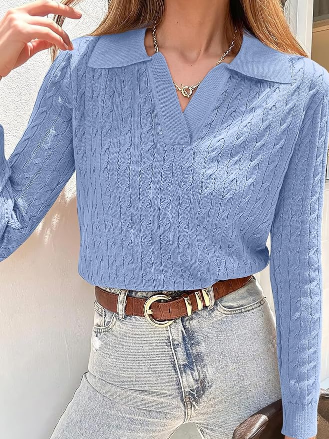 ANRABESS Womens Cable Knit Sweaters Long Sleeve V Neck | Pullover Collared Sweater Tops, Polo Knit Shirts, Business Casual Work, Tennis Golf, Fall Winter Fashion Outfits