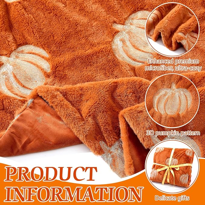 Tegeme Fall Halloween Pumpkin Throw Blanket 50" x 60", 3D Pumpkin Pattern Faux Rabbit Fur Fleece Blanket, Soft Cozy Rust Autumn Throw for Couch Sofa Bed, Thanksgiving Gift for Women Mom(Light Orange)