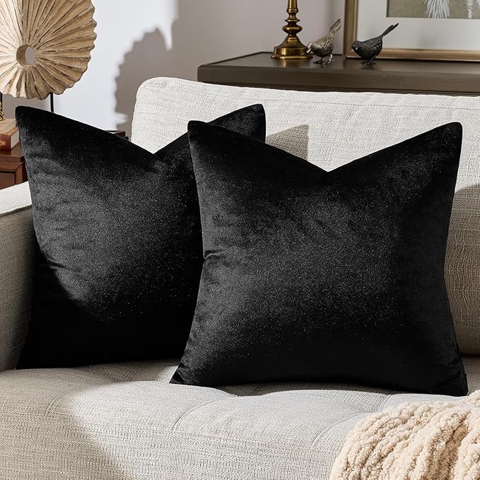 GIGIZAZA Black Velvet Pillow Covers 18x18 Decorative Pillows Pack of 2 | Throw Pillows for Couch Sofa,280gsm Soft Textured Fabric,Modern Square Pillowcases,Luxury Cushion Covers