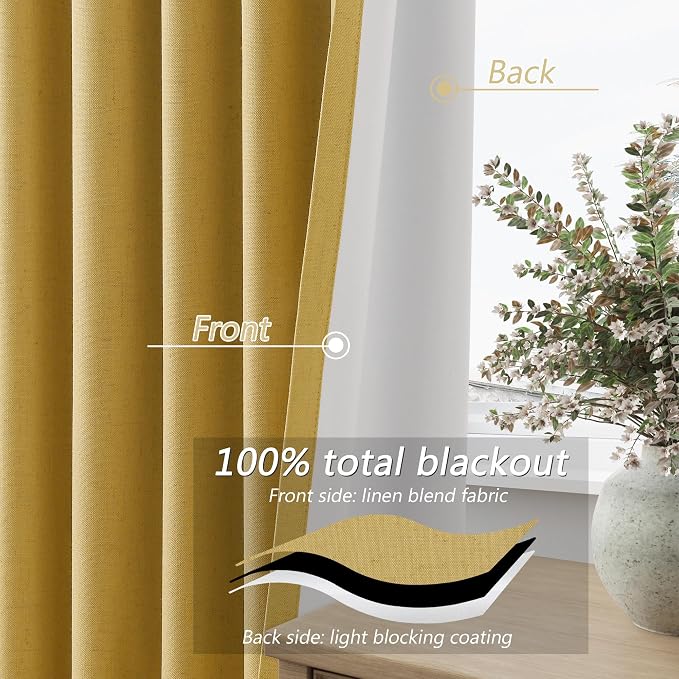 Gold 100% Blackout Linen Curtains 108 Inch Length 2 Panels Set for Living Room Bedroom Back Tab Thermal Insulated 100% Black Out Drapes Room Darkening Farmhouse Style for Bedroom Window Curtains