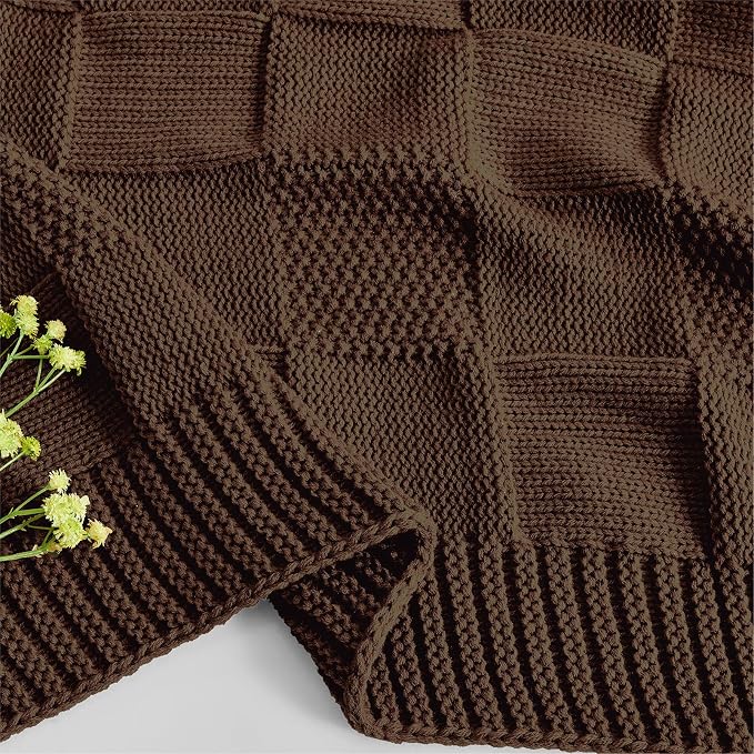 CozeCube Dark Brown Knitted Checkered Throw Blanket 50"X60" | Check Knit Throw for Couch, Decorative Christmas Soft Cozy Warm Blanket for Bed Sofa Living Room