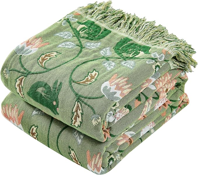 VANJOROY Boho Throw Blanket, 100% Organic Cotton Breathable Skin-Friendly Ultra Soft 50" x 60" Bed Quilt Green Throw - Floral Rustic Decor Luxury Reversible Blanket for Sofa Couch Chair and Gift,
